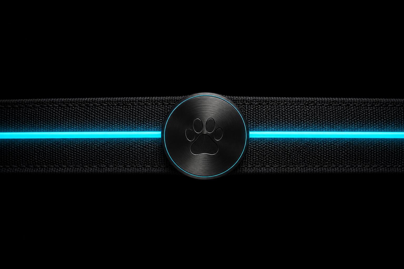 Pawsitive smart collar — matte technical-fabric strap with continuous fiber-optic light guide and brushed-metal hub